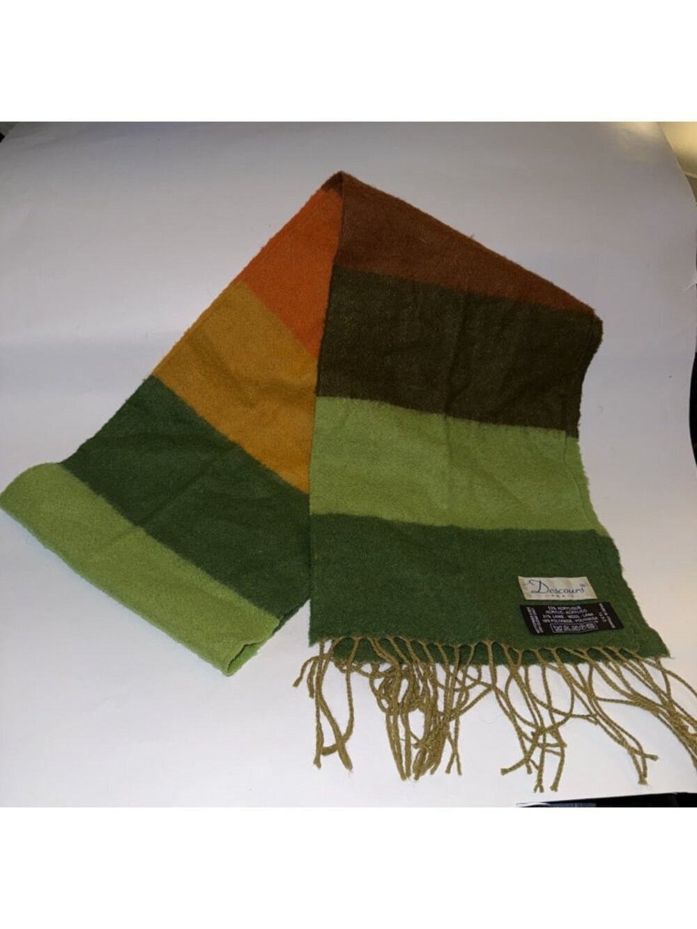 Vtg DESCOURS PARIS Reversible Scarf Wool Acry Fringe Brown Green Made In France
